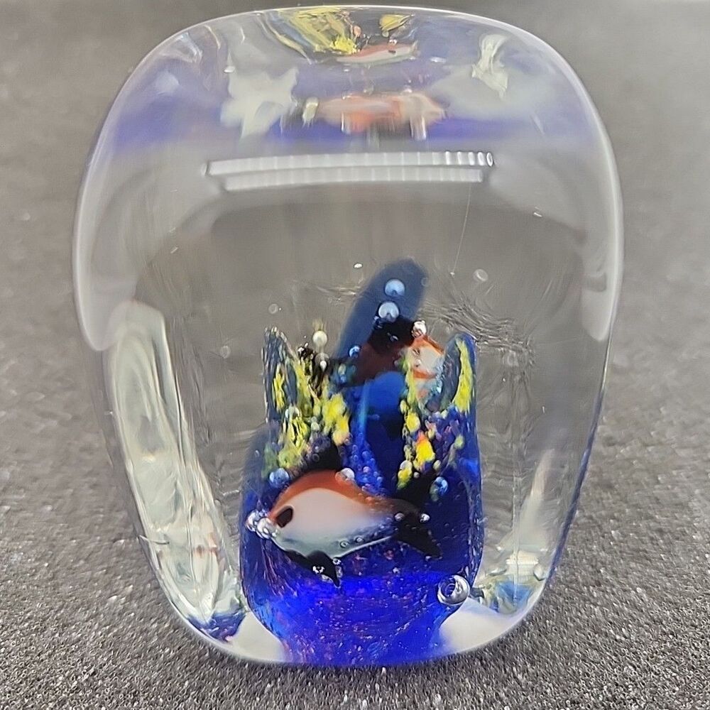 Paperweight Art Glass Fish Aquarium Cube Ocean Nautical Underwater MCM Bubbles